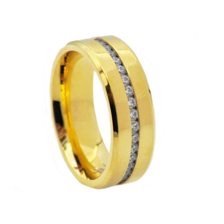 Men's Gold Stainless Steel Cubic Zirconia Eternity Band Ring for wholesale by Blackjack Mens Jewelry