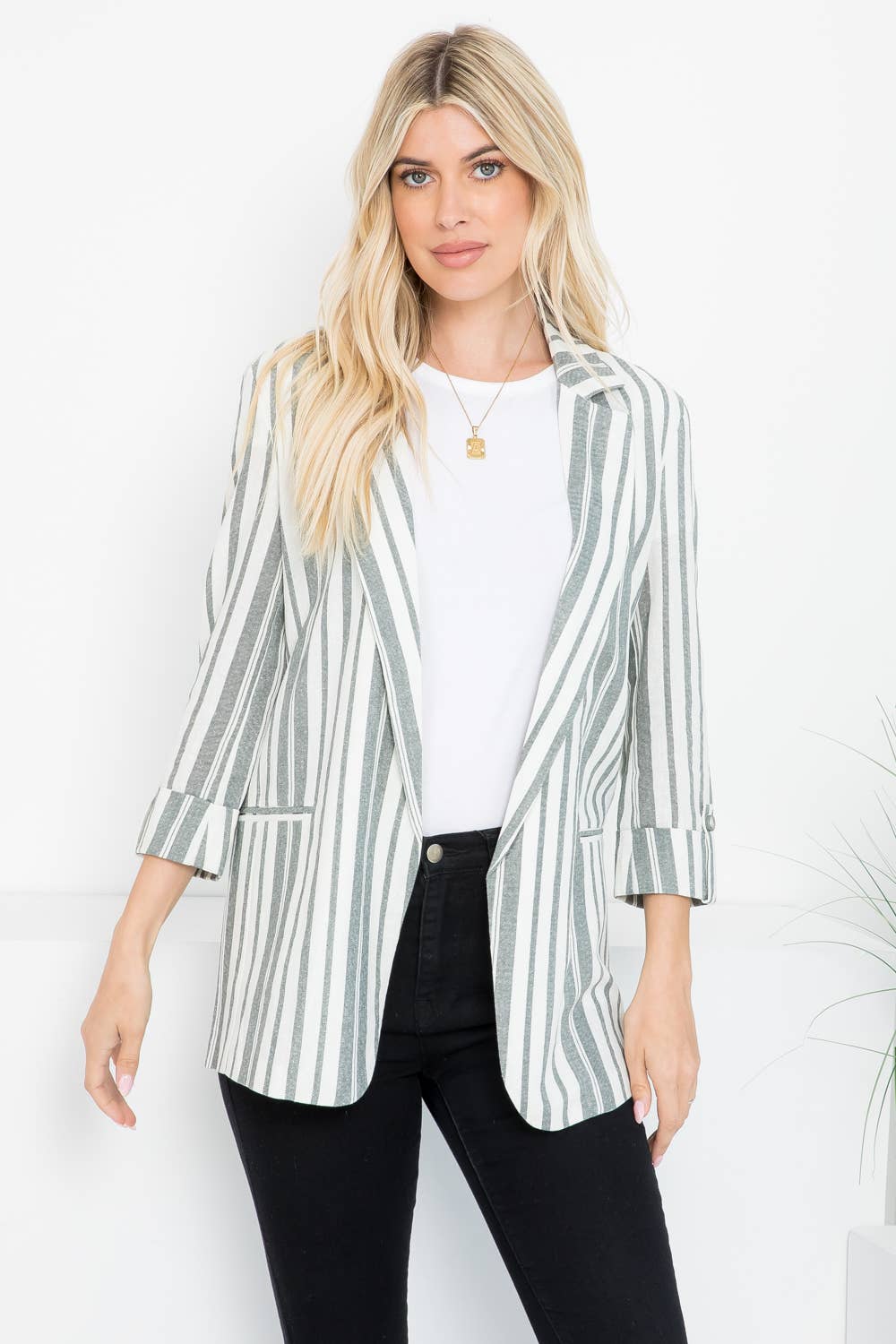 26 International - Wholesale Blazer - Women's - Linen Blend Stripe Roll Up Blazer16