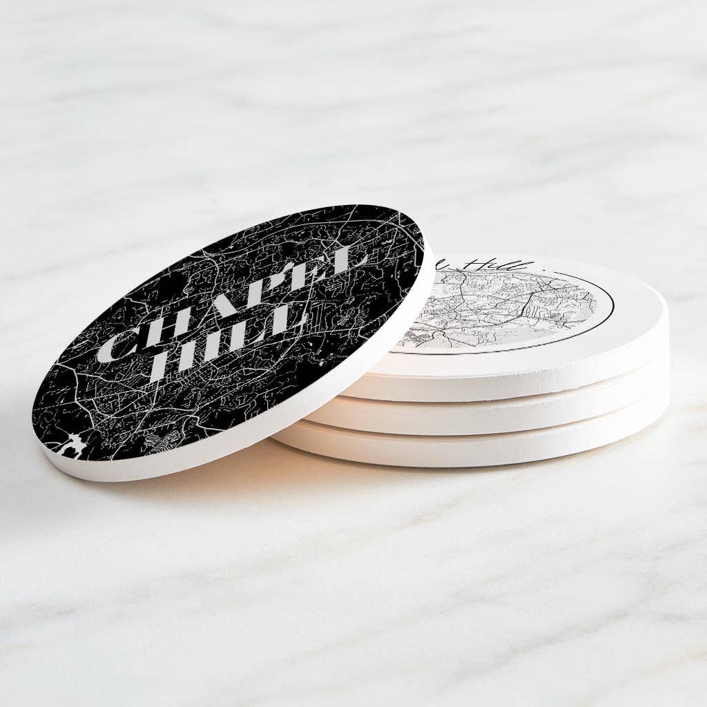 Love Local - Wholesale Coasters - Minimalistic B&W North Carolina Chapel Hill Maps | Absorbent Coasters | Set of 4 | Min 22