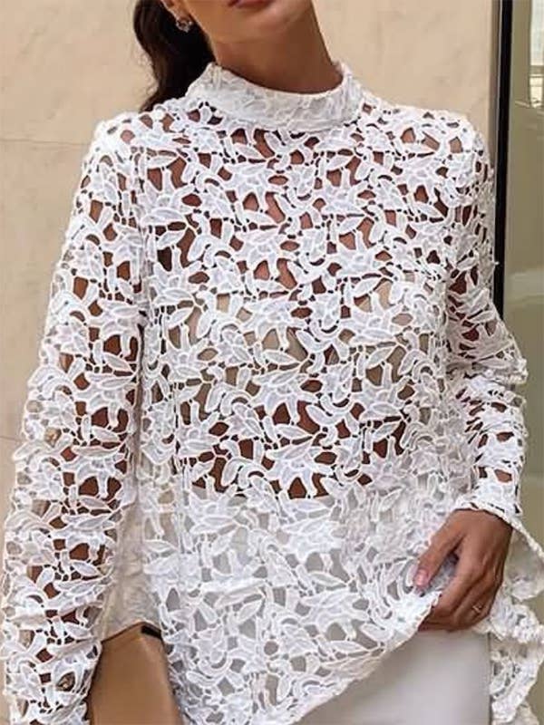 WEISS Langärmlige Bluse mit hohlem Stehkragen und hohem Stehkragen für den Großhandel auf Faire2