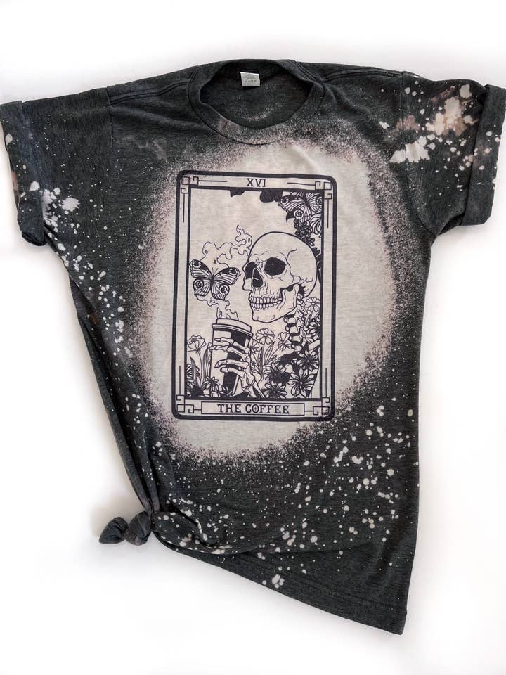 Wandering Owl Designs - Wholesale Screen Printed T-Shirt - Women's - The Coffee Tarot Card Skeleton Bleached Tee