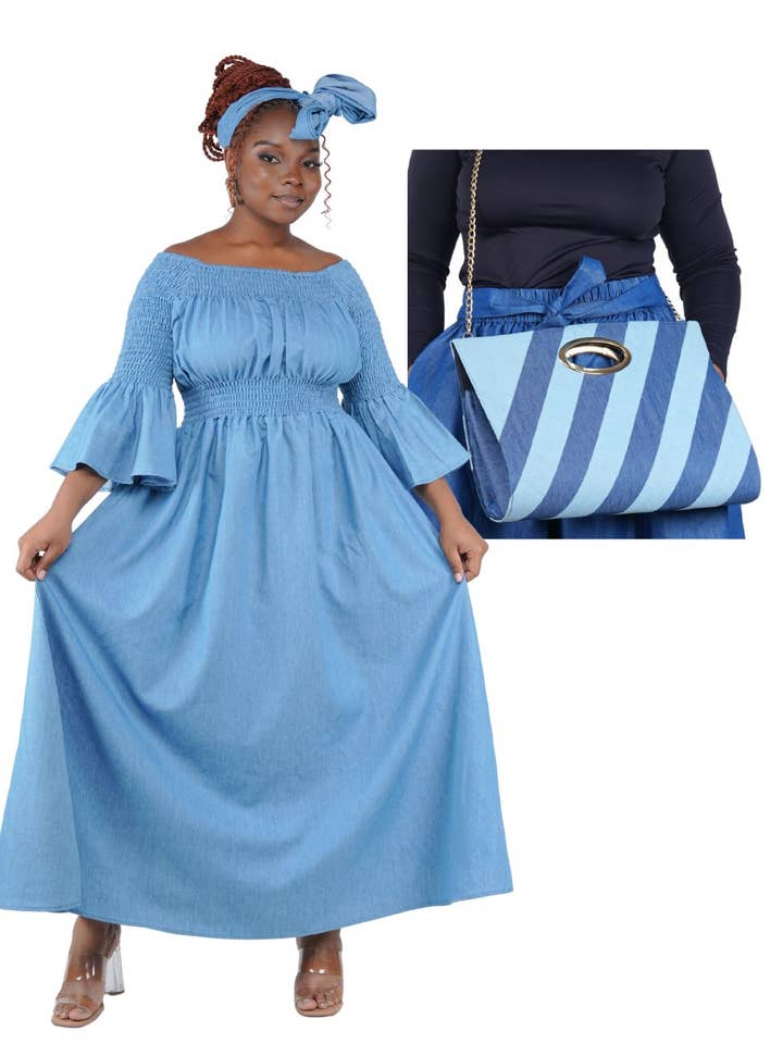 Vestido largo de mezclilla con hombros descubiertos o cubiertos | Talla única para venta al por mayor de Satsuma Wholesale