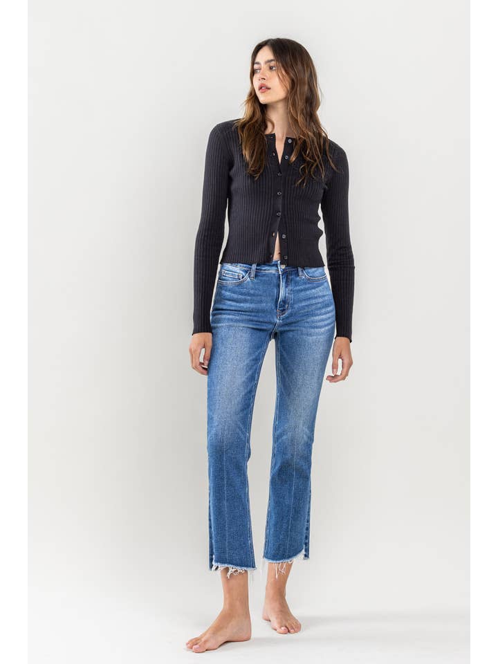 ENCOURAGINGLY HIGH RISE RAW STEP HEM KICK FLARE JEANS T5910 for wholesale on Faire