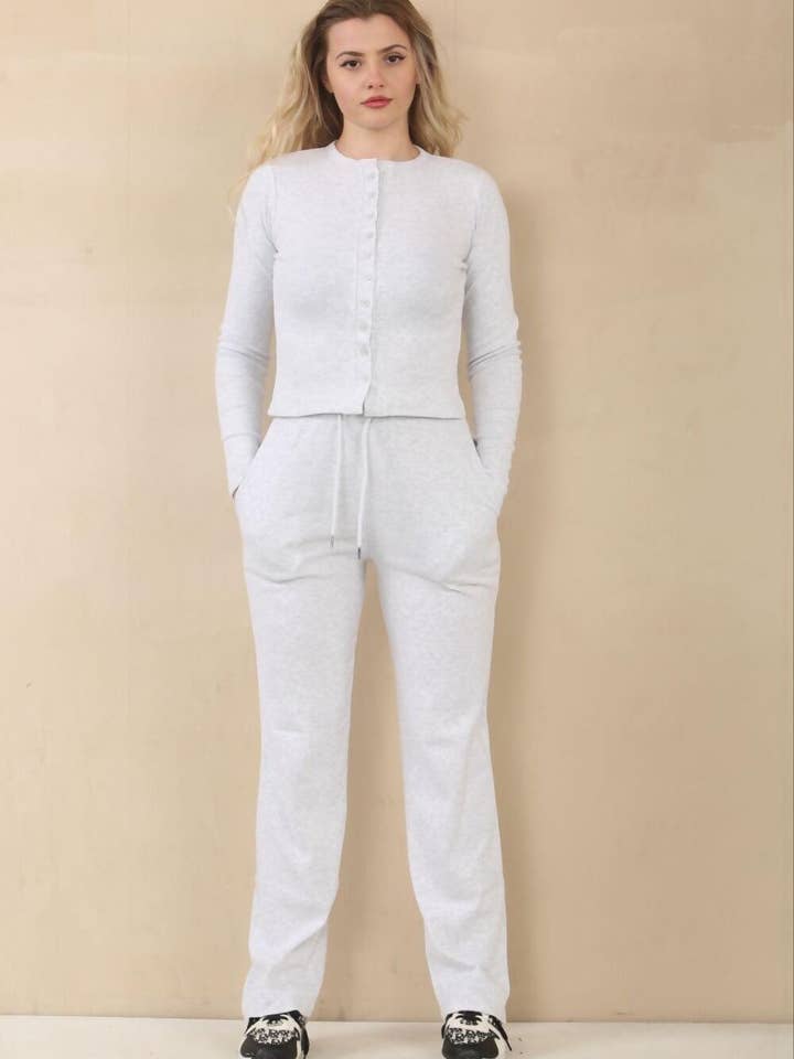 justyouroutfit - Wholesale Lounge Set - Women's - Ribbed Molly Button Through Top and Wide Leg Trousers6