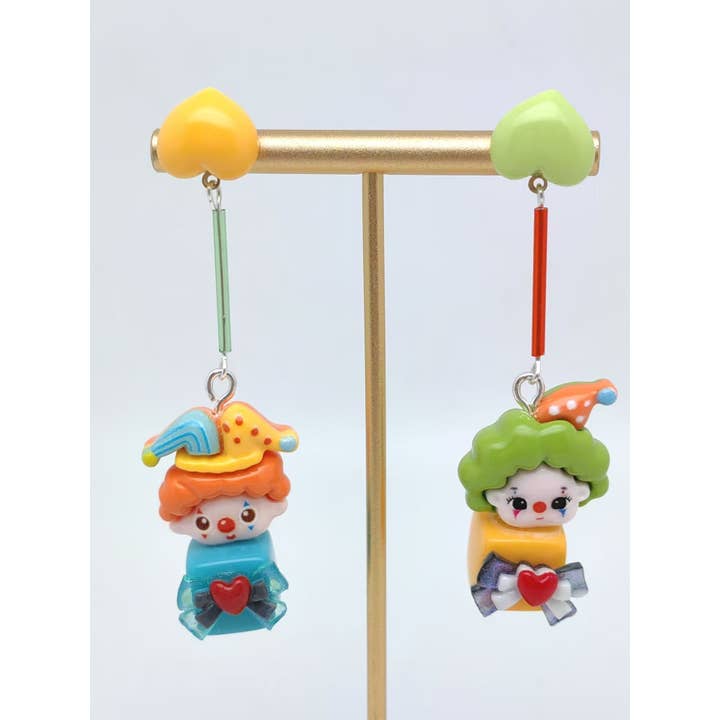 Colored Clown Doll Charm Heart Post Earrings - YK for wholesale by Mio Queena