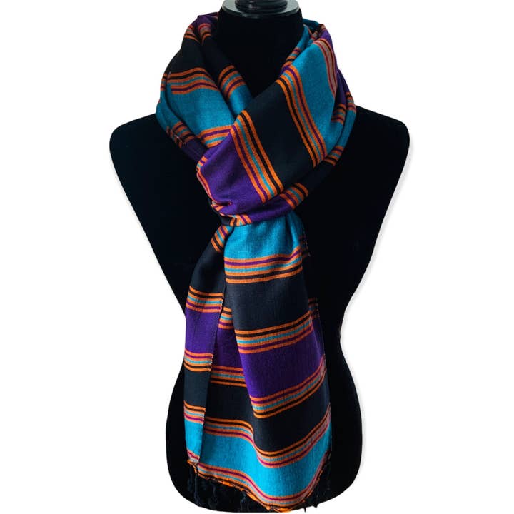 Horizontally Striped Handwoven Scarf -Black Turquoise &Mauve for wholesale by Dandarah (Ships from Canada)