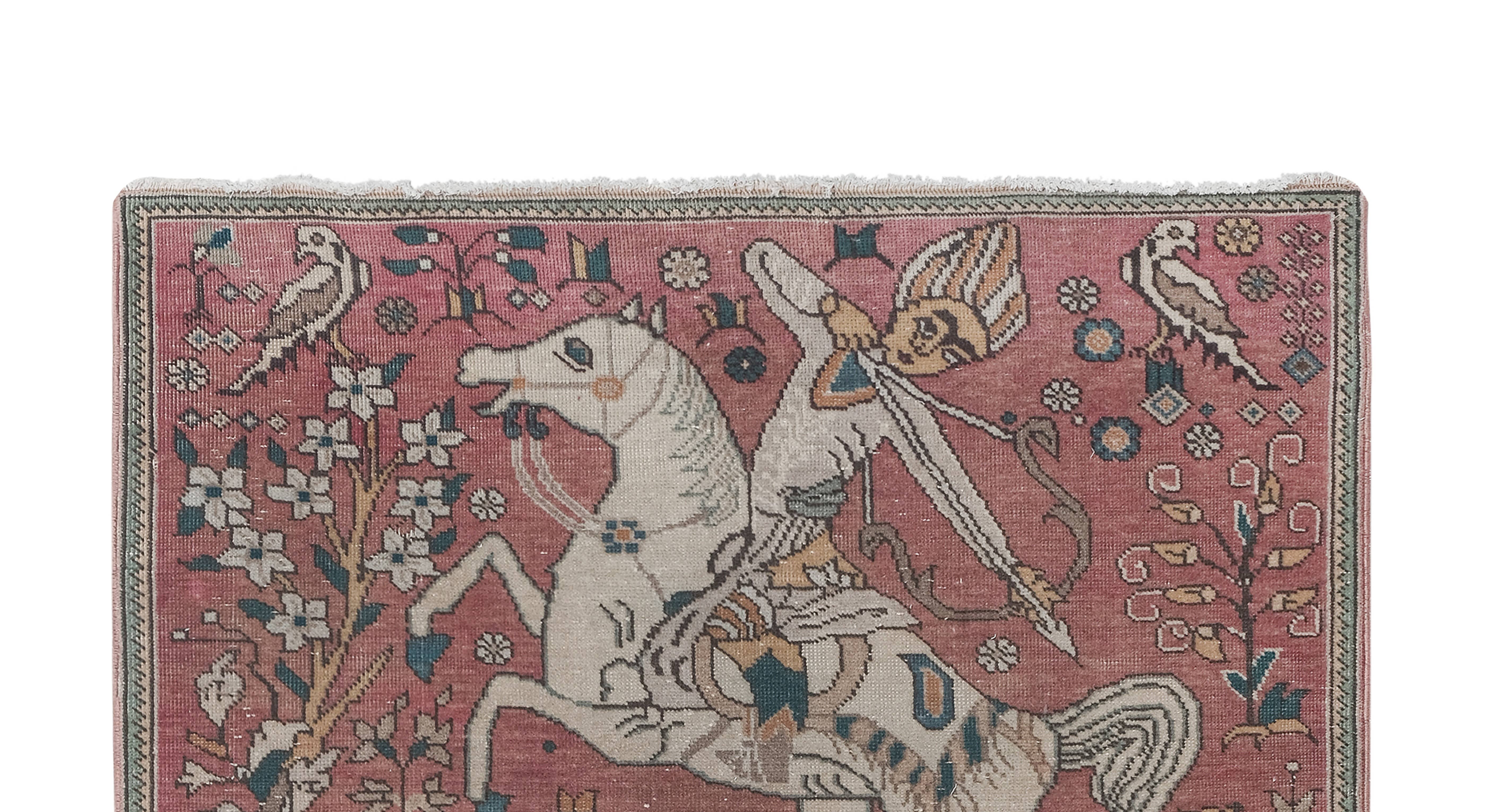 Vintage Pillows Store - Wholesale Runner Rug - Turkish Pictorial Horse Rug 3'6'' X 13'4''2