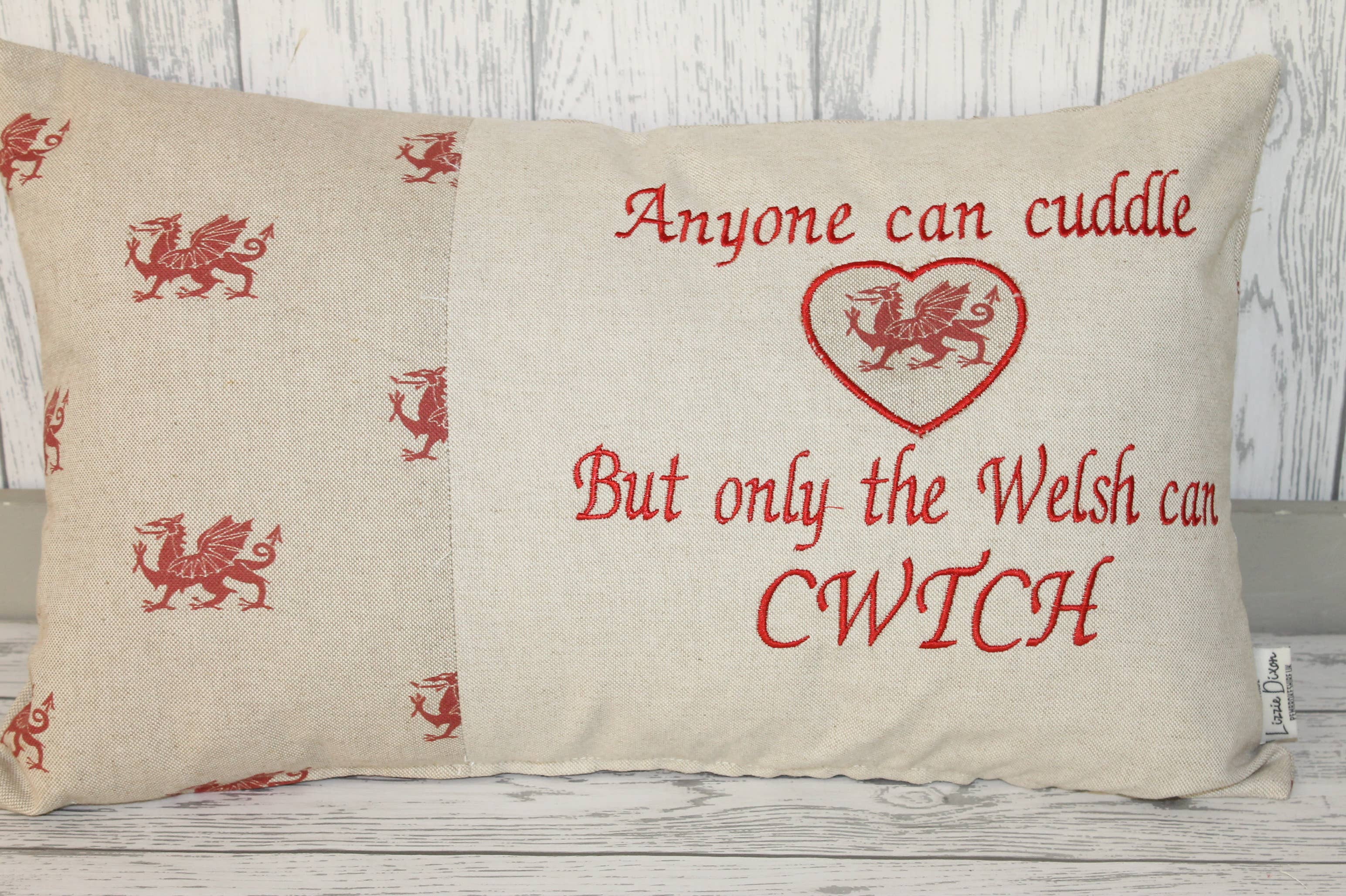 Lizzie Dixon Designs – wholesale Throw/decorative pillow – Anyone can Cuddle but only the Welsh can Cwtch-Welsh dragon 0