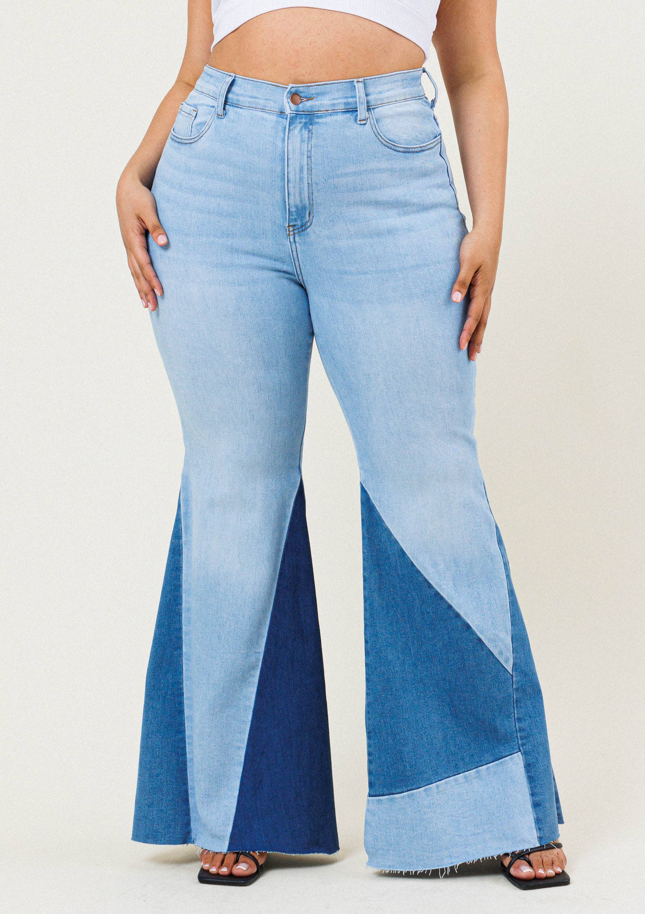 LIGHT STONE Color Block Side Slit Flare Jeans in Plus for wholesale on Faire4