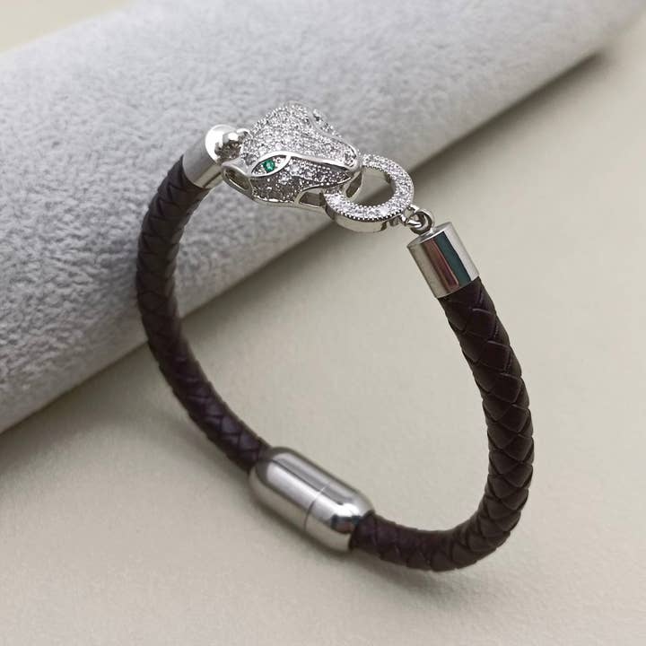 Mio Queena - Wholesale Bangle Bracelet - Inlaid CZ Leopard Head Charm Men's Leather Bracelet - MJ/BC6