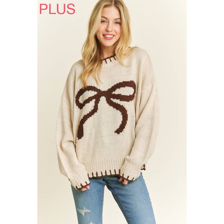 Sweet Generis - Wholesale Knit Sweater - Women's - PLUS HOLIDAY BIG BOW SWEATER PULLOVER WITH CONTRAST EDGE STI