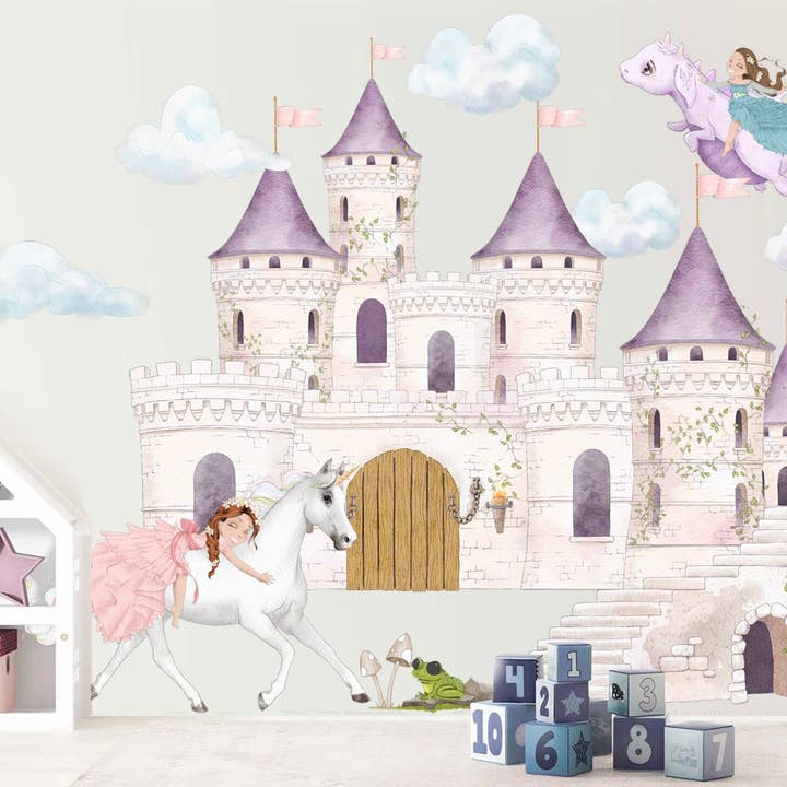 Adesivi da parete «La principessa sul cavallo bianco», motivo: castello viola, drago, decorazione per la camera delle ragazze, BR350 per la vendita all'ingrosso da parte di WallKoala