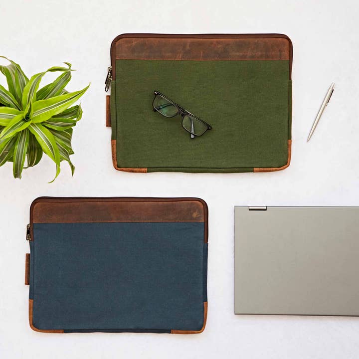Leather And Canvas 14 inch Laptop Case - Handmade for wholesale by The Paper High Gift Company Limited