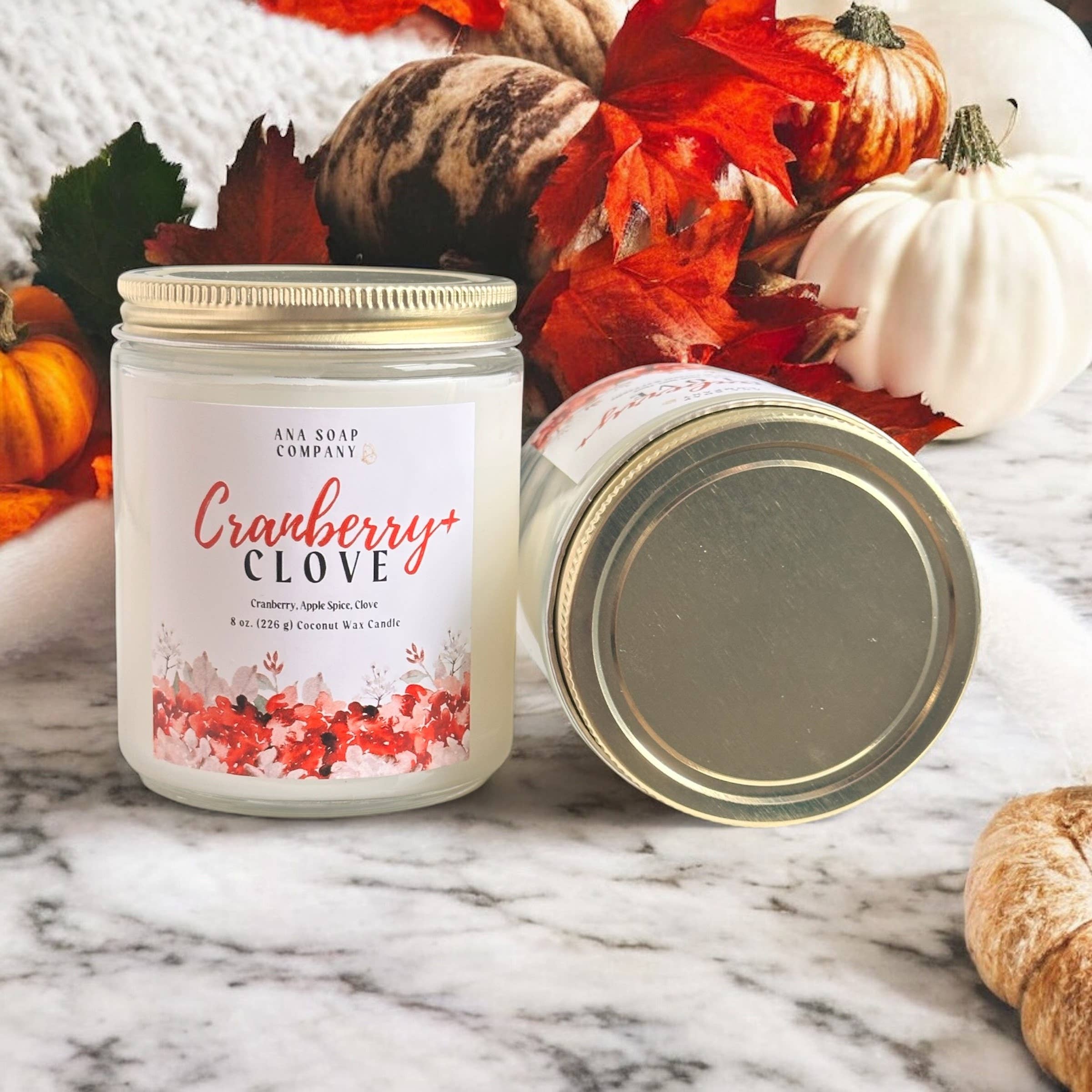 Ana Soap Company - Wholesale Jar/Filled Candle - Cranberry +Clove-8oz Clear Glass Coconut Candle  2