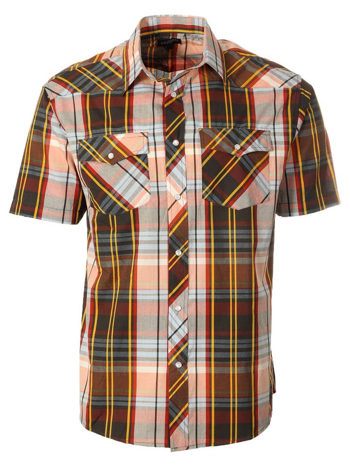 b-one inc - Wholesale Buttoned-down shirt – Men's - Men's Pearl Snap Button Down Plaid Short Sleeve Western Shirt8