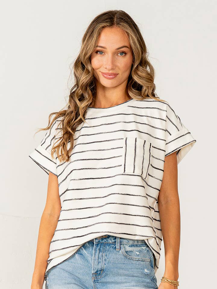 Cuff Sleeves Striped Top with Chest Pocket for wholesale by Sew In Love