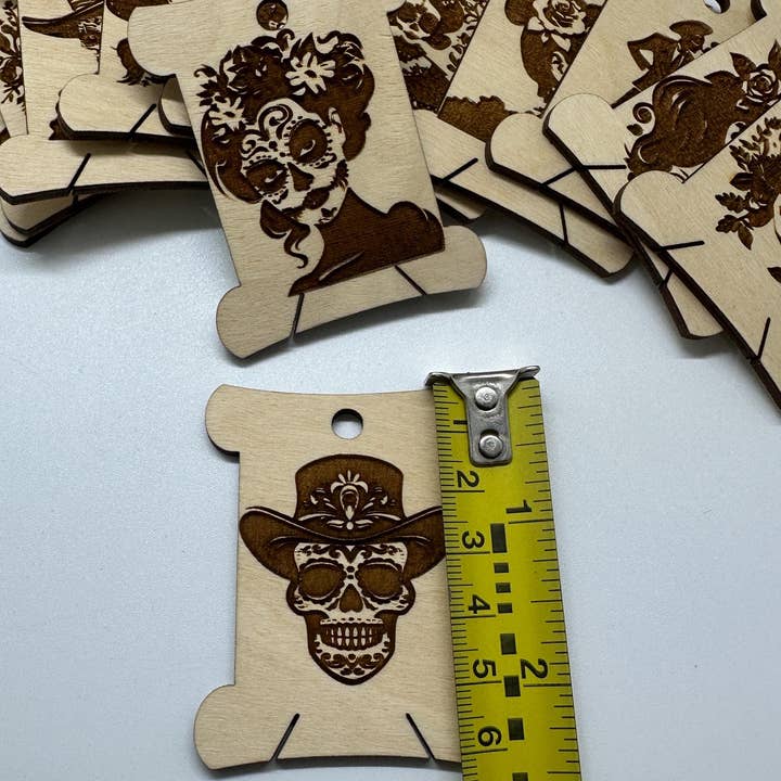 Velvet Guillotine - Wholesale Embroidery/cross-stitch supplies - Sugar Skull Wooden Bobbins: Laser Engraved Floss Organizer7