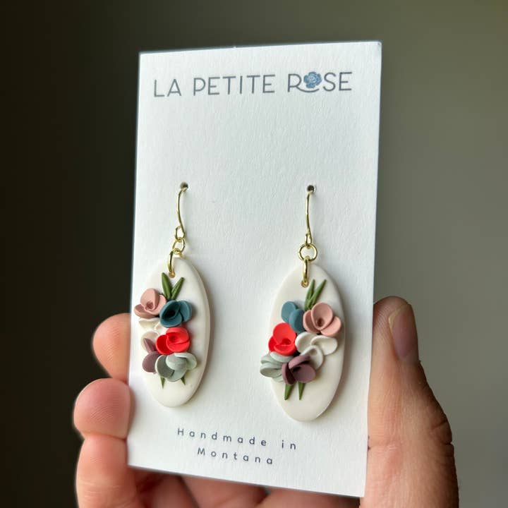 Handmade Floral Clay Earrings, Everyday Flower Dangles for wholesale by La Petite Rose LLC