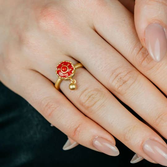 Gold Plated Adjustable Buddhist Tibetan Enamel Spinner Prayer Ring for wholesale by The Colourful Aura