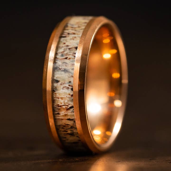 18k Rose Gold Ring, Rose Gold Wedding Band with Deer Antler for wholesale by AxBands