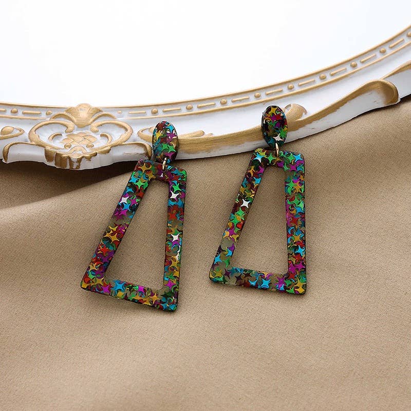 Purple Myrtle - Wholesale Dangle Earrings - Lightweight 80's Acrylic Square Multicolor Star Earrings2