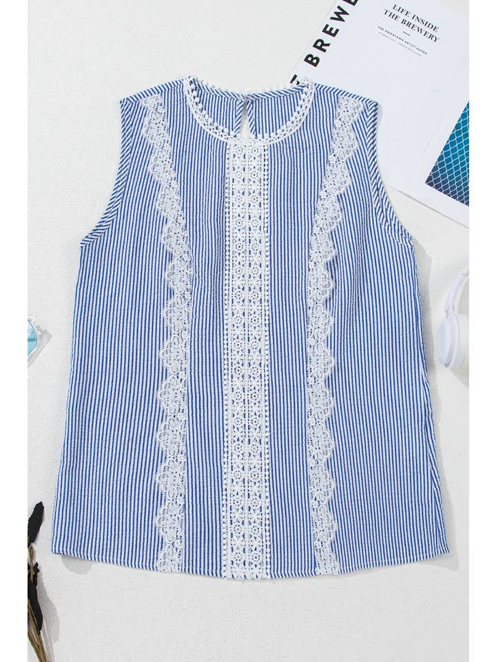 1 the Woman - Wholesale Tank Top - Women's - Stripe Lace Patchwork Crew Neck Tank Top