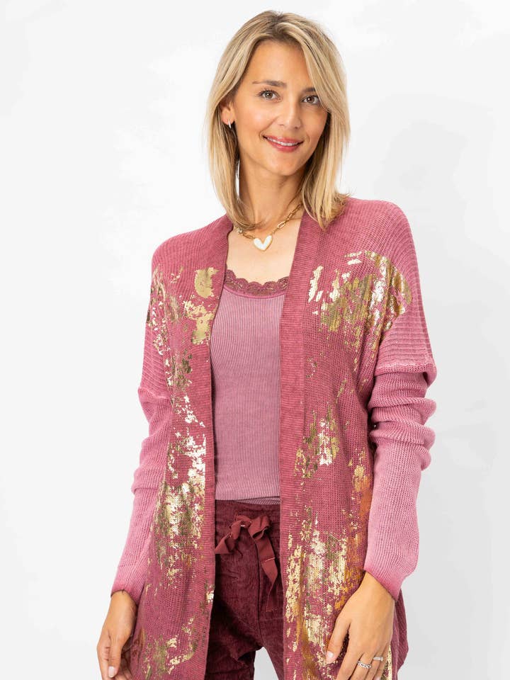 Cardigan lavorato a maglia luccicante dorato per la vendita all'ingrosso da parte di Look Mode Usa