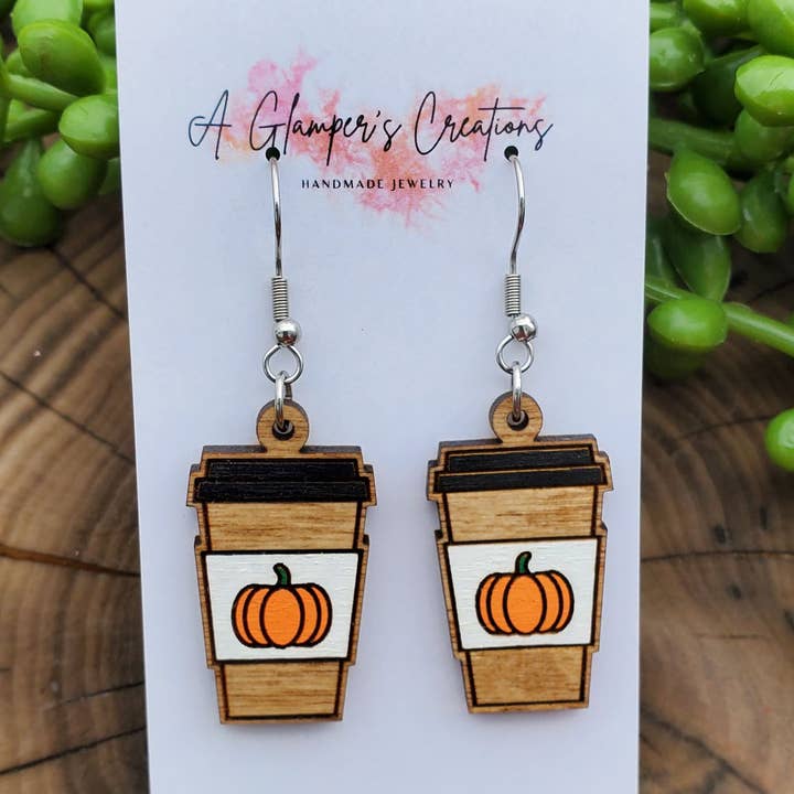 Pumpkin Coffee Cup Wooden Earrings for wholesale by A Glamper's Creations LLC