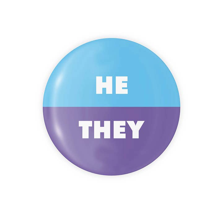 He/They - 1.25" Purple/Blue Button for wholesale by The Little Gay Shop