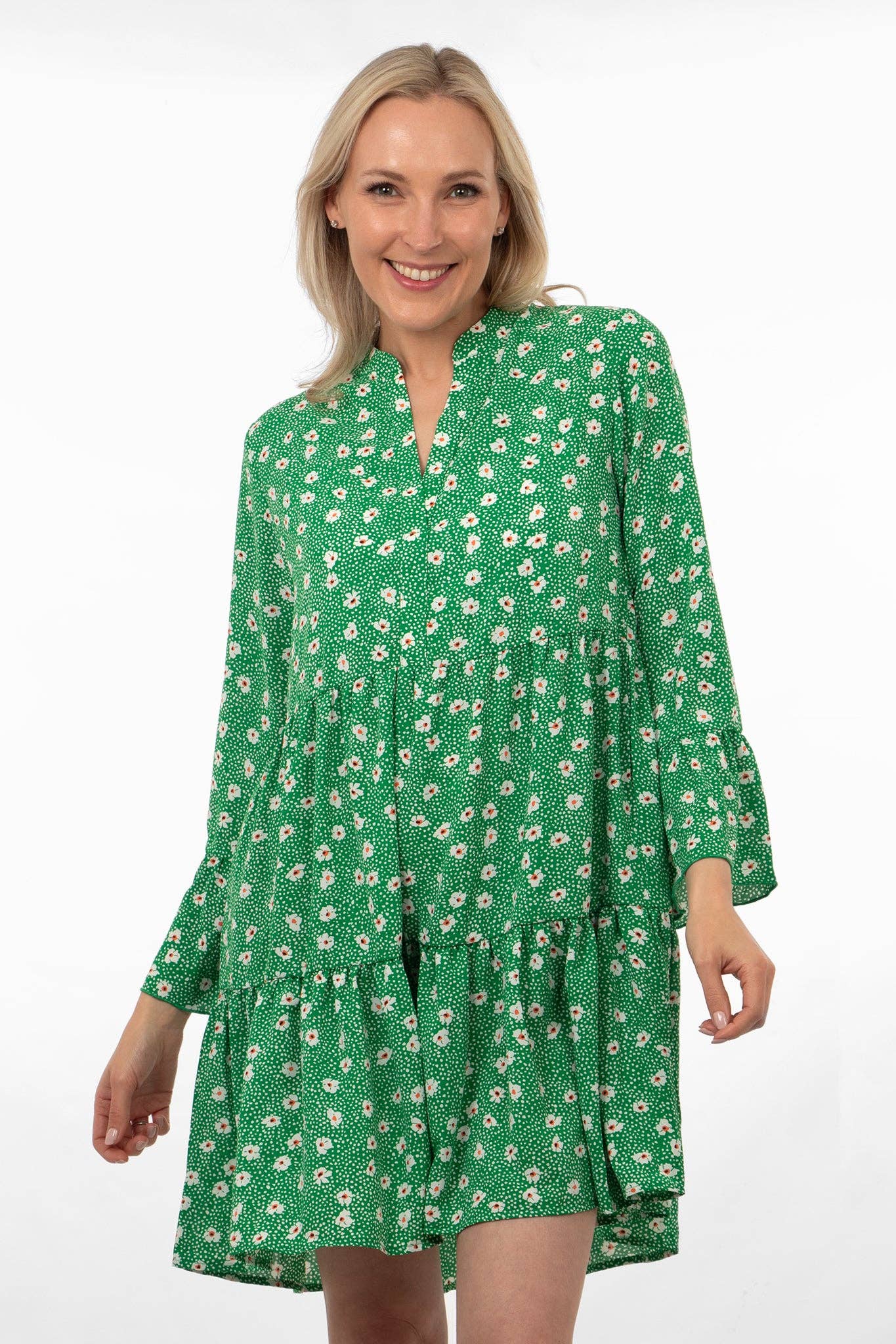 Sarta - Wholesale Dress - Women's - Daisy and Spot Print Mini Tiered Dress in Green3