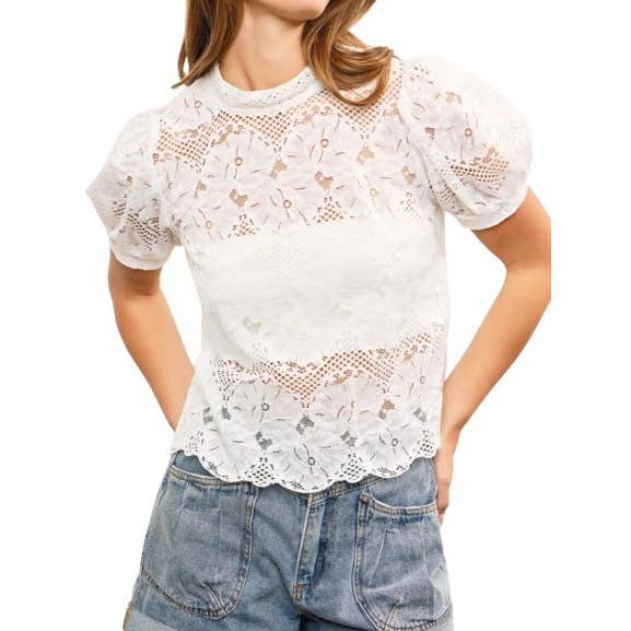 Mock Neck Lace Top with Puff Shoulders for wholesale by Blue Bunny Inc