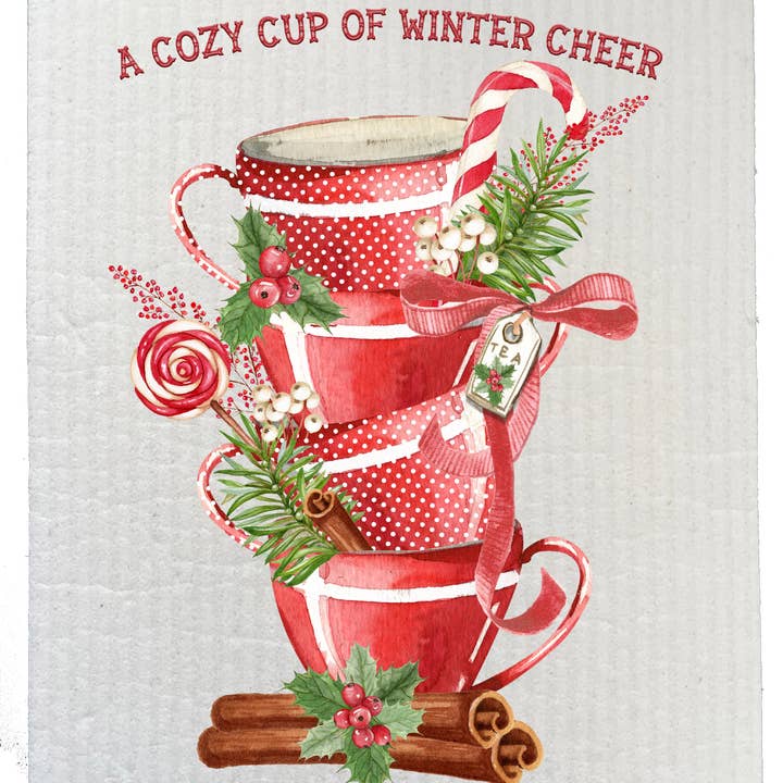 Christmas Tea Cups Winter Cheer SWEDISH DISH CLOTH for wholesale by Avery Lane Gifts