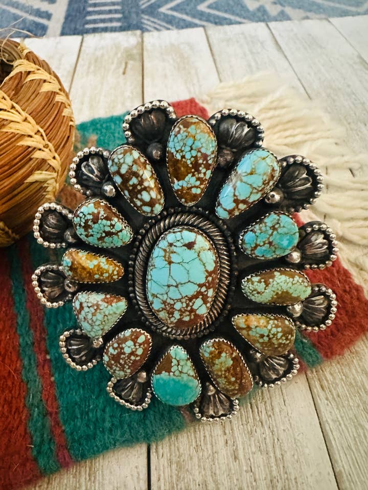 Navajo Sterling Zilveren & Nummer 8 Turkoois Cluster Armband voor wholesale door Nizhonitradersllc