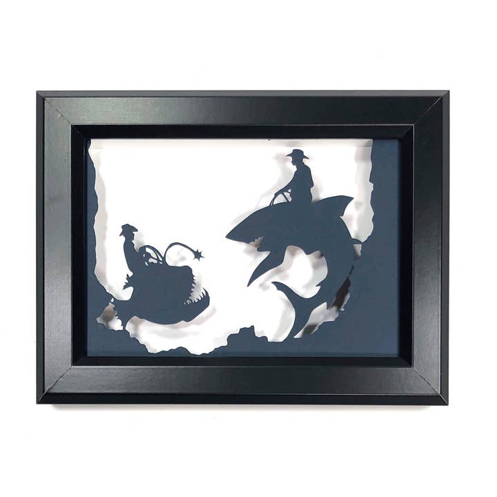Framed Hand Cut Paper Art- 5x7" Battle 2 deep sea aquarium for wholesale by Squirrel Tacos Papercuts