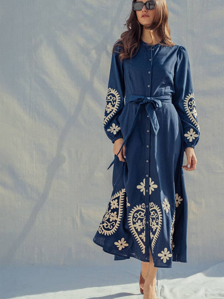Paisley Embroidered Belted Maxi Dress for wholesale by Urban Daizy