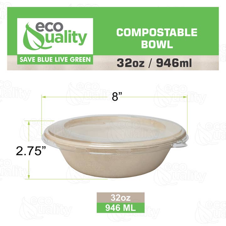 EcoQuality - Wholesale Disposable Plate - 32oz Compostable Heavy Duty Disposable Bowls with Lids, Eco2