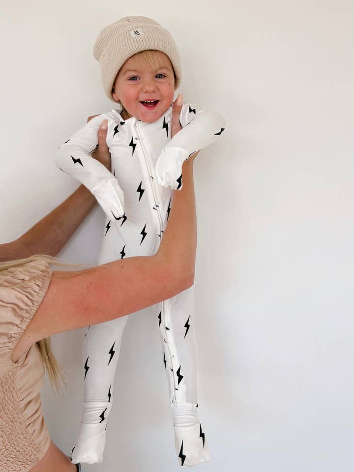 Forever French Baby - Wholesale Sleepsuit - Baby - Bamboo Zip Pajamas | White & Black Lightning Bolt15