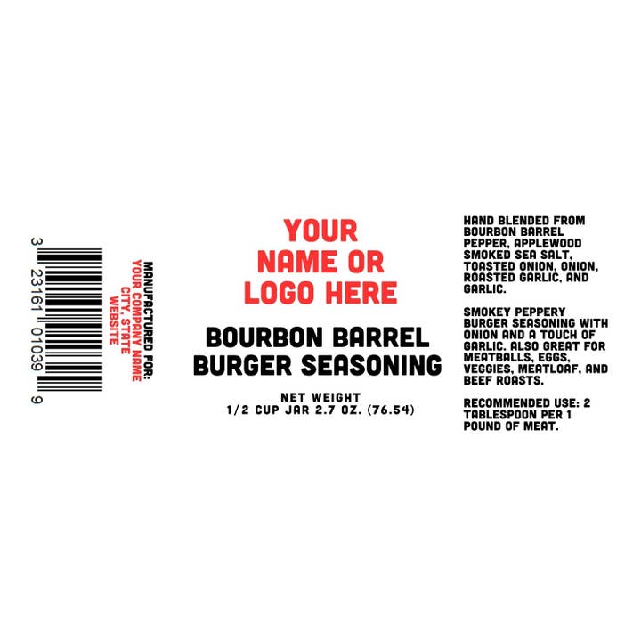 Assaisonnement pour Burger au Fût de Bourbon - Étiquette Personnalisée Nom / Logo pour la vente par Rachel's Spice Company