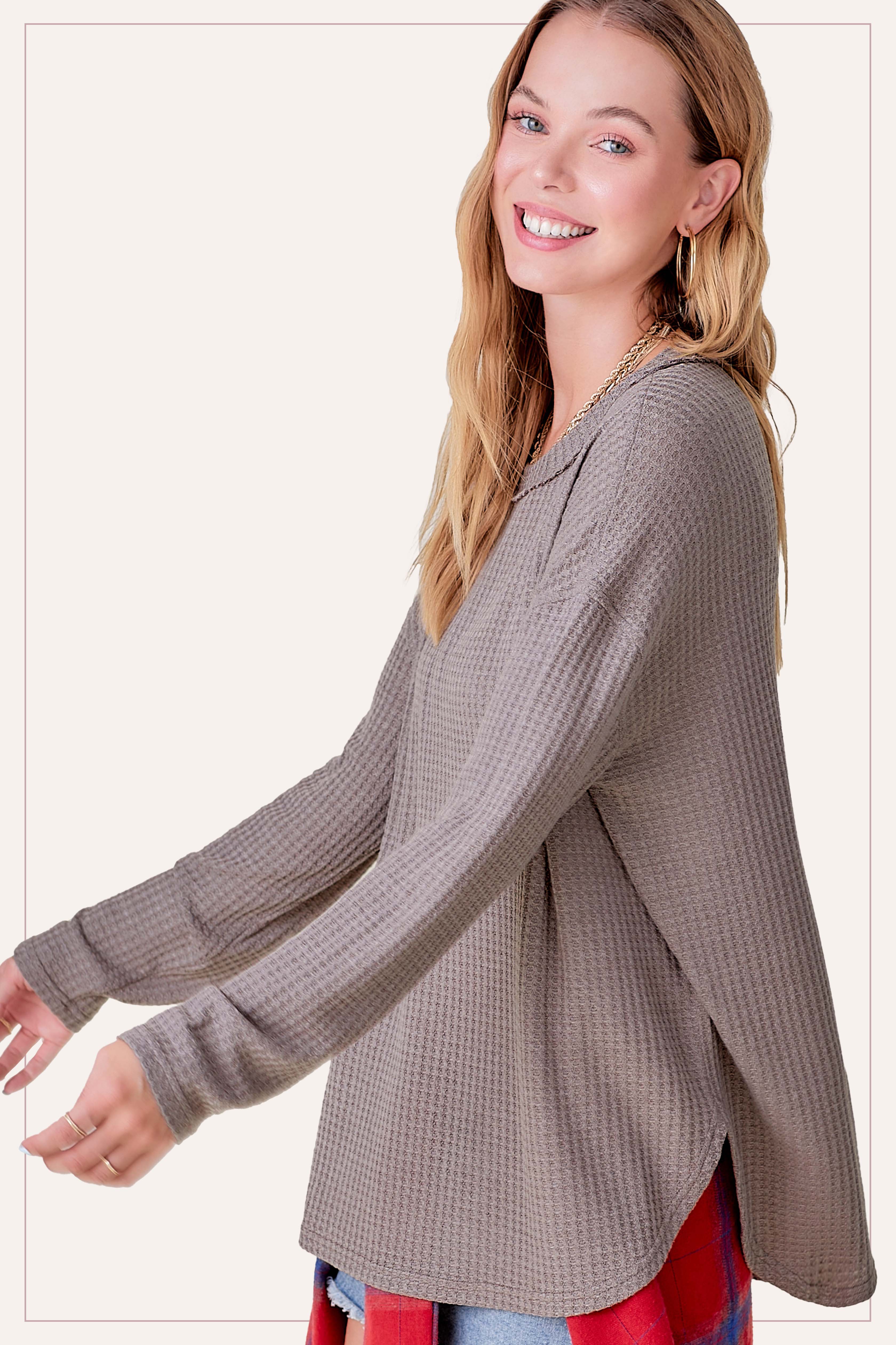 La Miel - Wholesale Tunic - Women's - HAT7566-Brushed Waffle Fabric Loose Fit Long Sleeve Top10
