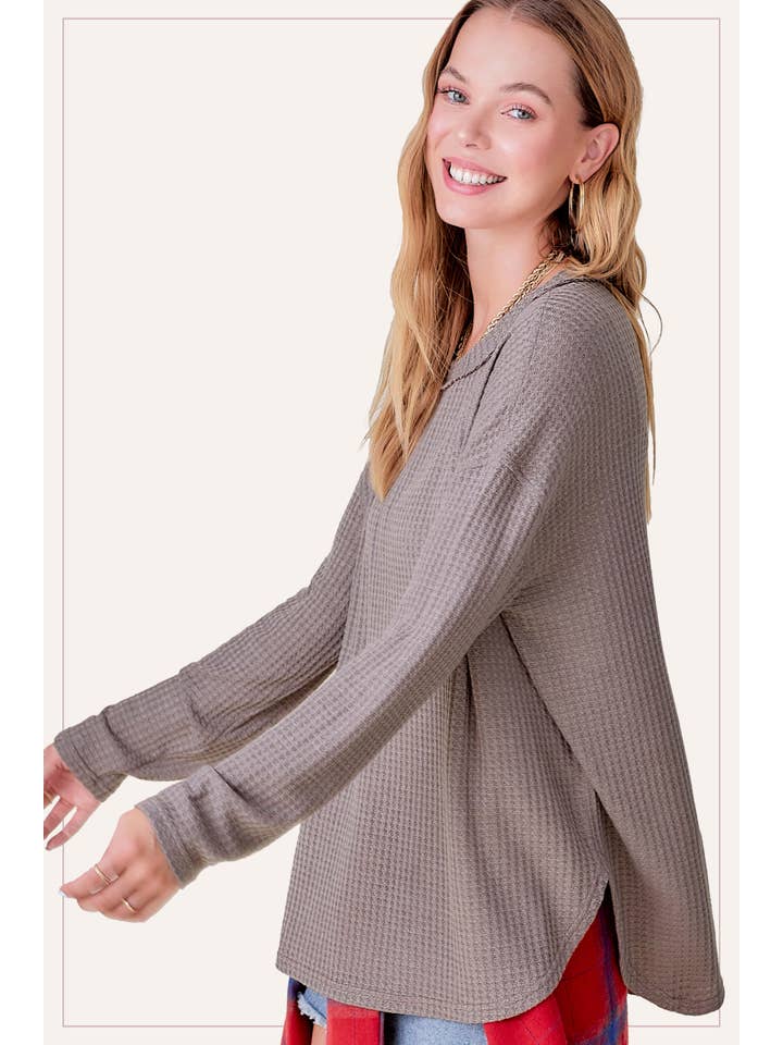 La Miel - Wholesale Tunic - Women's - HAT7566-Brushed Waffle Fabric Loose Fit Long Sleeve Top10