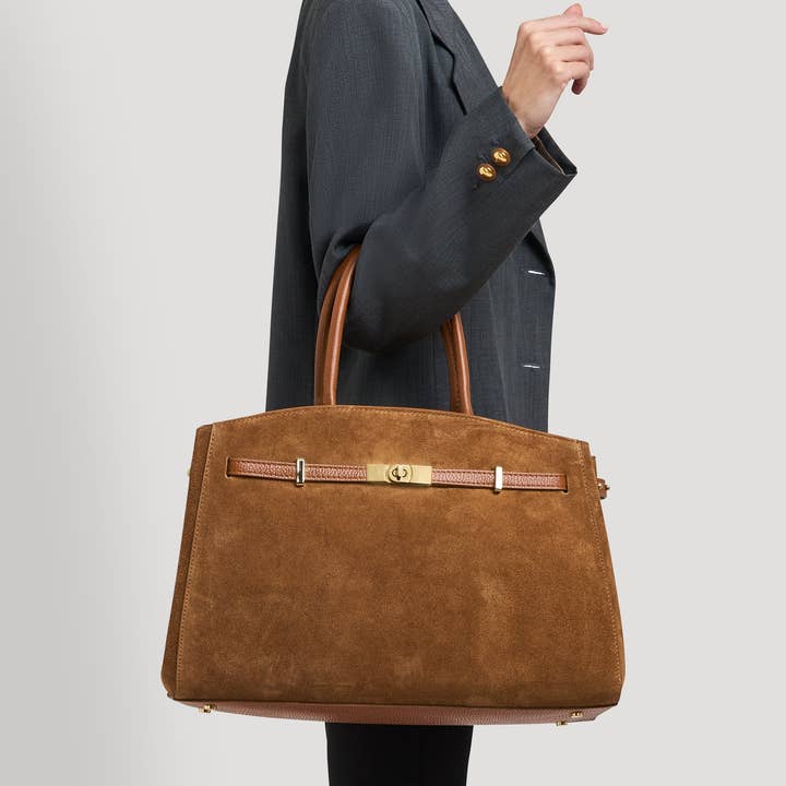 Voemièn - Wholesale Top Handle Bag - Women's - Driade Bag in Tan Suede and Dollar Leather6