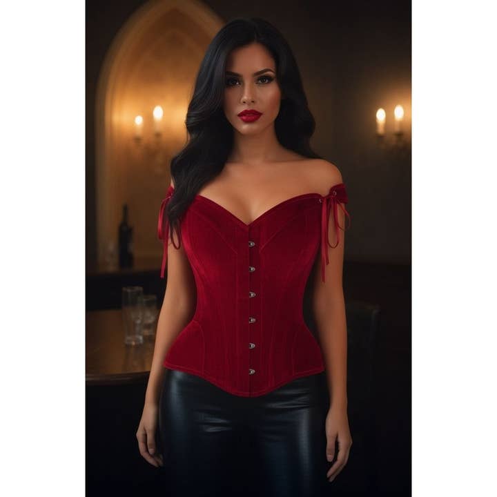 Corsetto Daisy Corsets in velluto rosso scuro con stecche d'acciaio e spalline per la vendita all'ingrosso da parte di Daisy Corsets