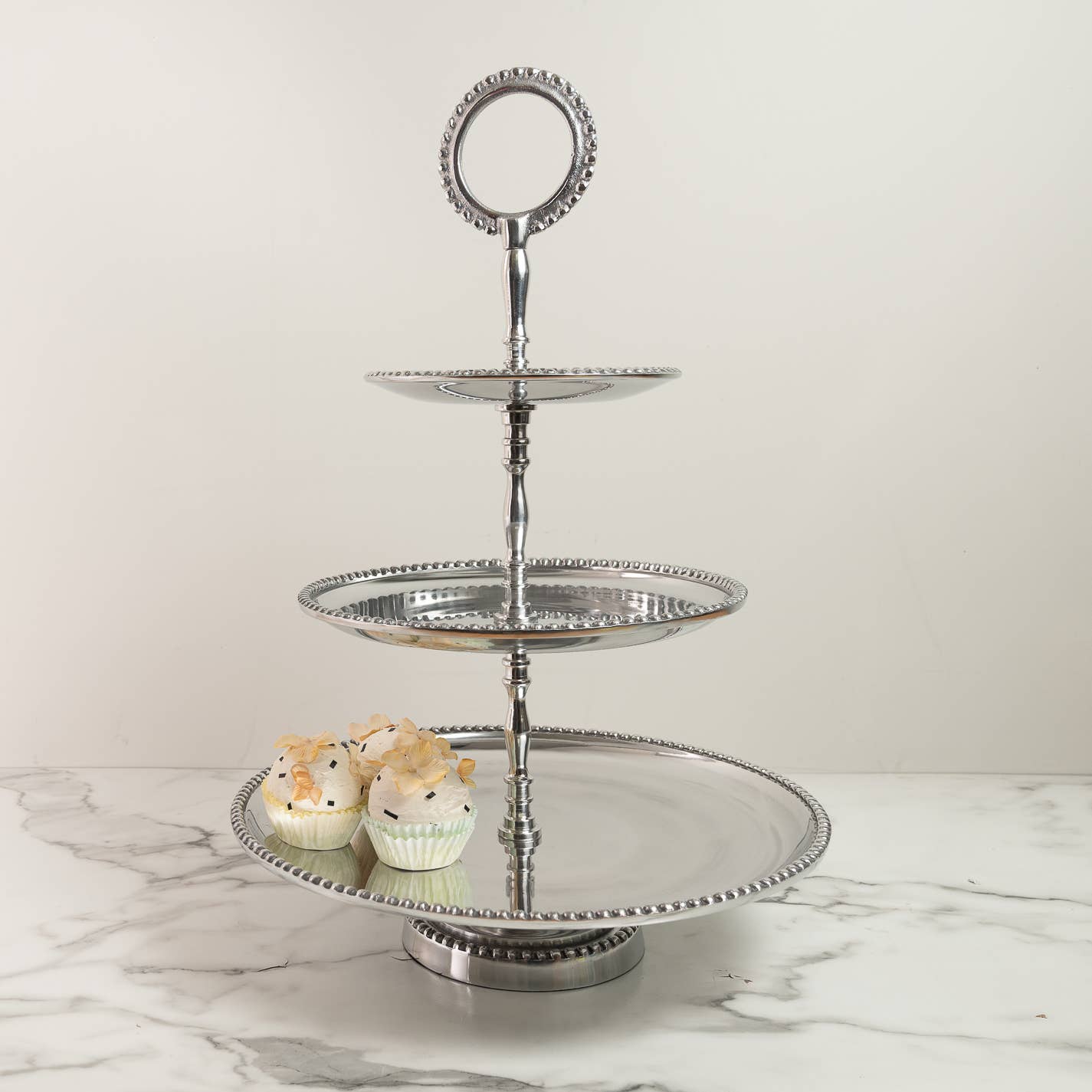 Elegant 3-Tier Beaded Cake Stand with Handle for wholesale by India Handicrafts Inc
