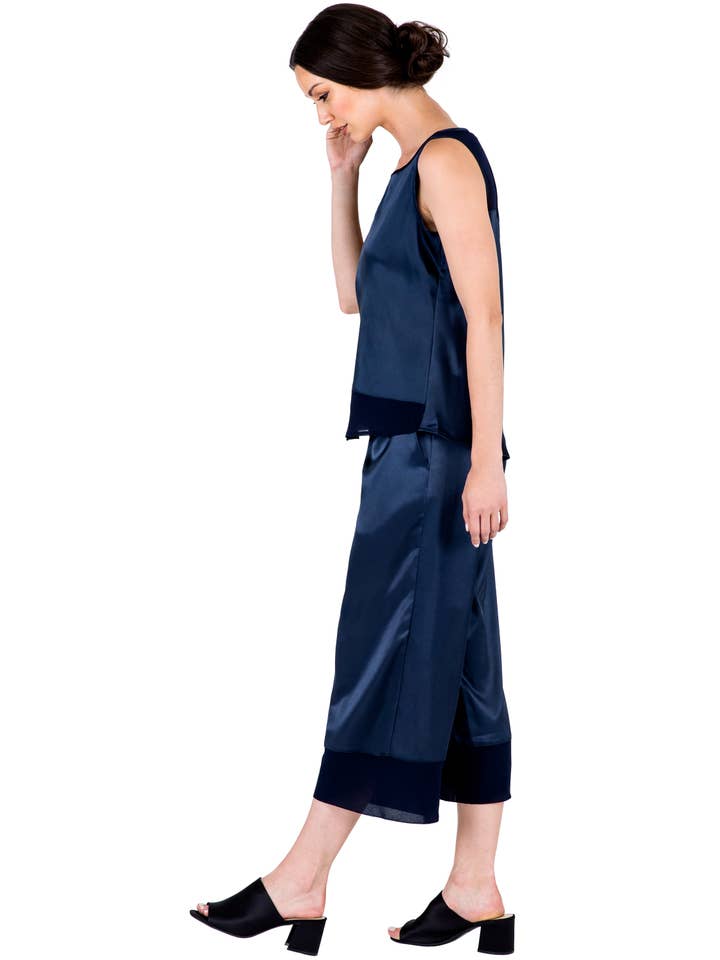 Standards & Practices - Wholesale Blouse - Women's - Modern Women's Blue Sateen and Chiffon Sleeveless Shirt