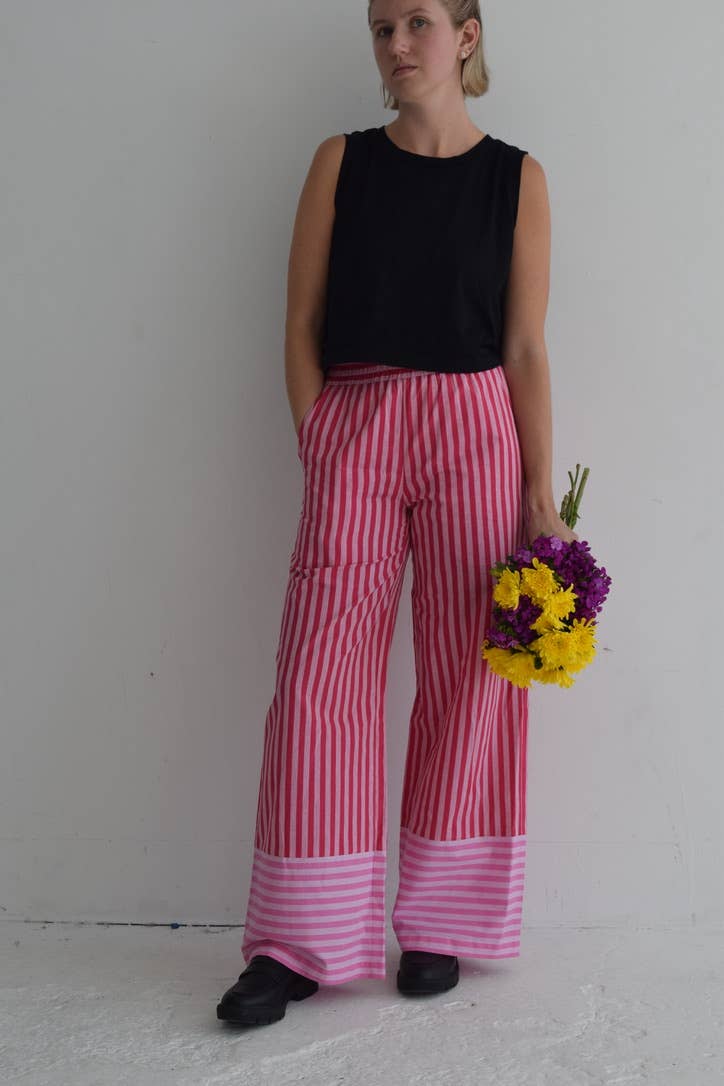 Sugar Cilantro - Wholesale Pants - Women's - Rosie Pants | Women's Pink and Red Cotton Striped Pants1