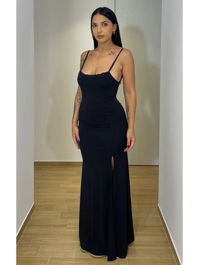 Chilli Girl Collection - Wholesale Dress - Women's - Scoop back camisole style lace maxi dress in black 4