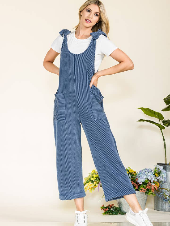 Celeste Clothing – Großhandel Jumpsuit – Damen – Plus-Size verstellbarer Rippen-Overall mit Fronttaschen - CP438734