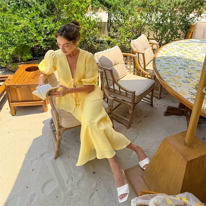 Yellow Solid Color Bubble Sleeve Top Skirt Set for wholesale on Faire3