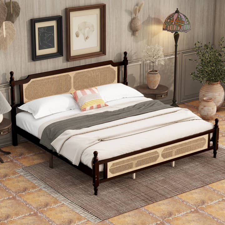 39F Inc. - Wholesale Bed - King Pine Wooden Bed with Rattan Headboard and Footboard