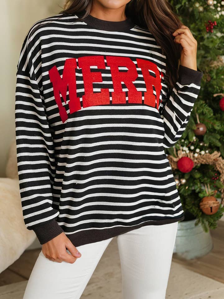 Red Merry Block Letter Printed Drop Shoulder Sweatshirt for wholesale by 1 the Woman